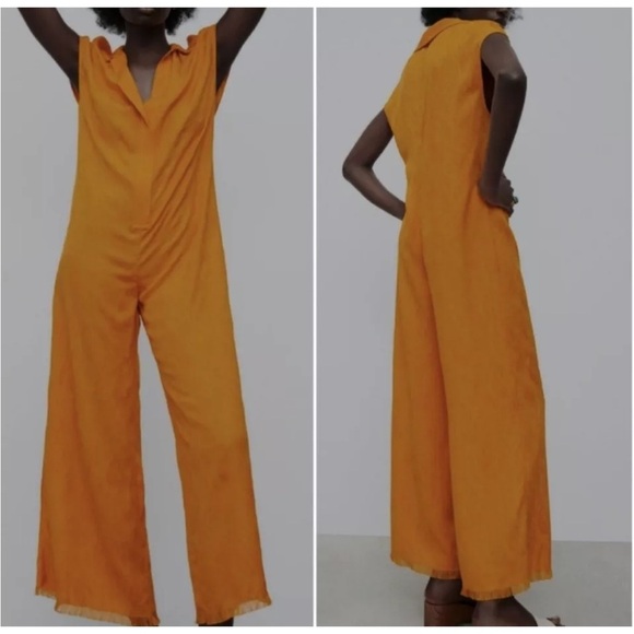 Zara NWT Women FULL LENGTH JACQUARD JUMPSUIT BLOGGERS FAV Orange/Yellow Medium - Picture 6 of 16